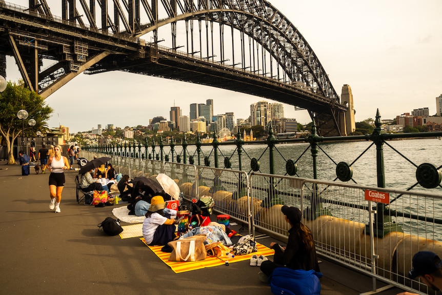 People sitting on blankets in front of the Sydney Harbour bridge.