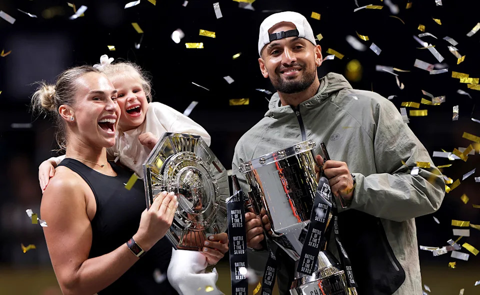 Aryna Sabalenka and her goddaughter Nicole, pictured here with Nick Kyrgios after their 'Battle of the Sexes' match. 