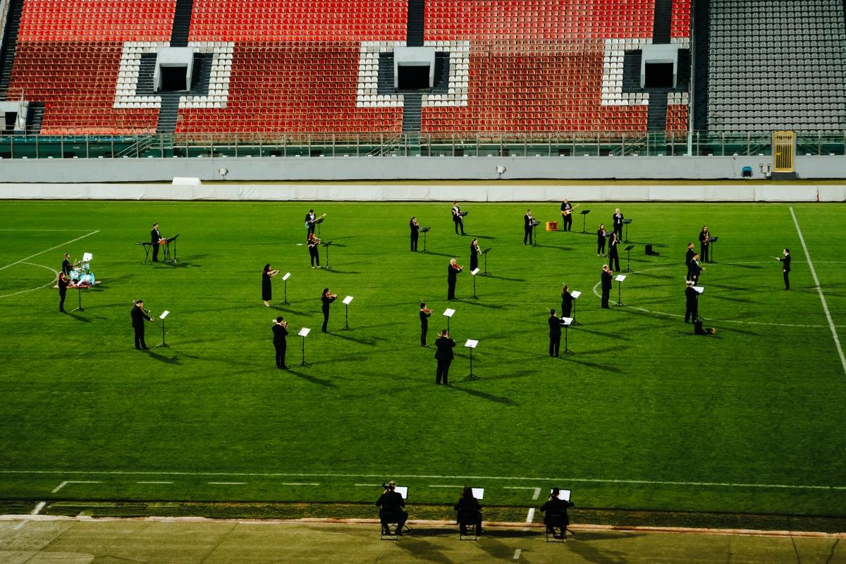 The filming was the first time an orchestra had stepped foot on the national pitch. Photo: Kieran Mark Galea.