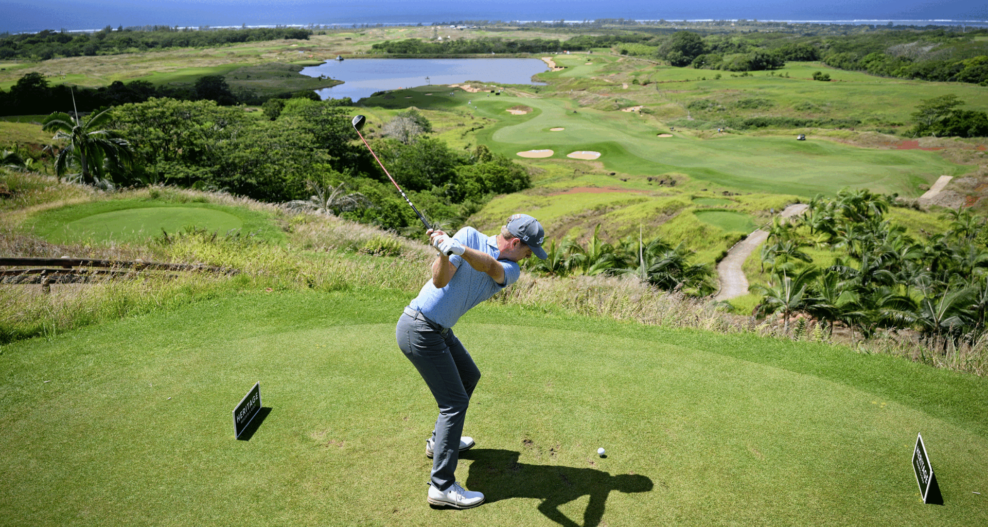 Ryan Gerard hits a tee shot at Heritage La Reserve Golf Links during the final round of the 2025 Mauritius Open