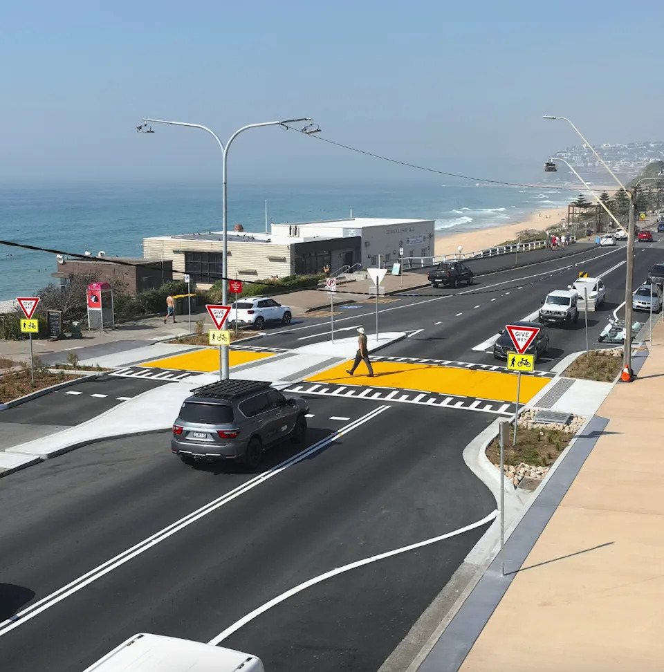 The new bright yellow pedestrian and cyclist crossing at Newcaslte. 