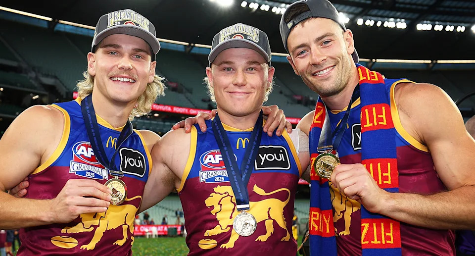 Will Ashcroft, pictured here with brother Levi and Josh Dunkley after the Brisbane Lions won the 2025 AFL grand final.