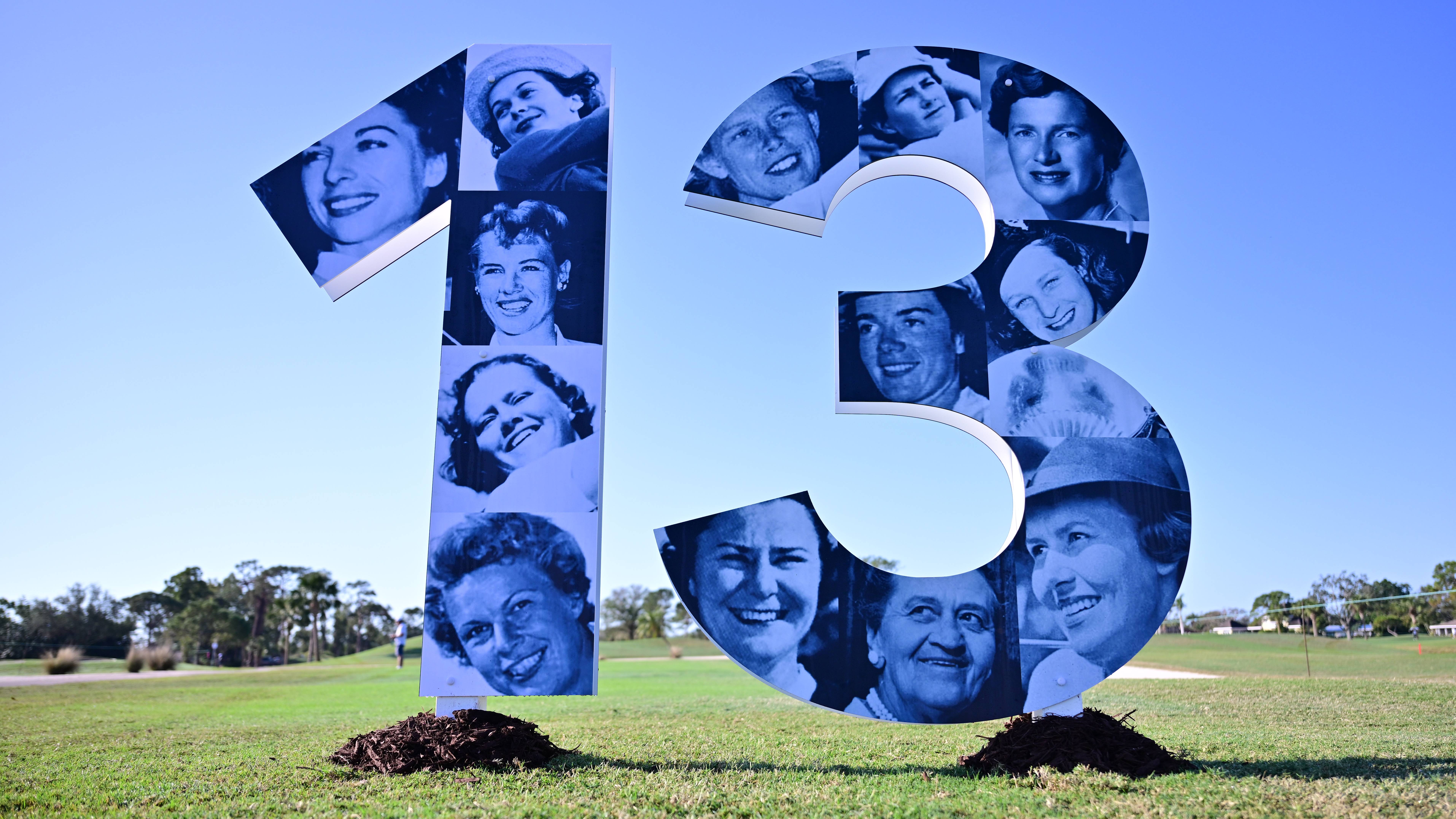 A sign representing the 13 founding member of the LPGA