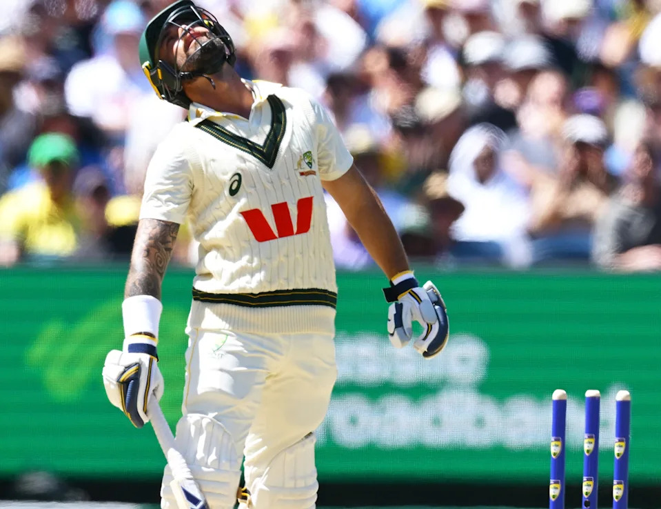 Jake Weatherald, pictured here throwing his head back after the ball cannoned into his stumps.