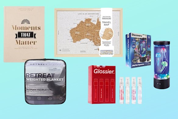 Printworks Moments That Matter photo album; Odyssey Living weighted blanket; Splosh Australia travel board; Glossier You Wardrobe 4×1.5 ml; Discovery Zone jellyfish lamp.