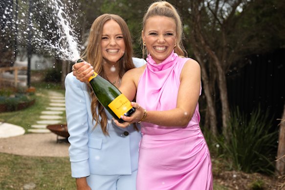 Maddy (left) and Charlotte celebrate their win at The Block auction this weekend, selling their house for $3.5 million.