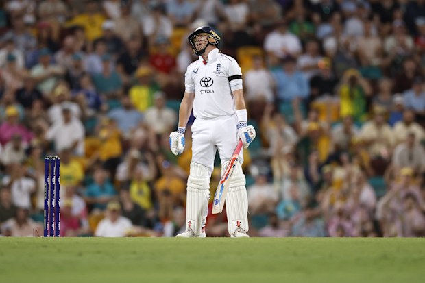 BRISBANE, AUSTRALIA - DECEMBER 06: Ollie Pope of England reacts after being dismissedduring day three of the Second 2025/26 Ashes Series Test Match between Australia and England at The Gabba on December 06, 2025 in Brisbane, Australia. (Photo by Darrian Traynor/Getty Images)