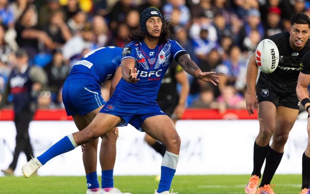 Toa Samoa Jarome Luai during the Paciﬁc Championships rugby league test between New Zealand Kiwis v Toa Samoa at Go Media Stadium, Auckland, New Zealand.  Sunday    19  October  2025       Photo: Brett Phibbs / www.photosport.nz