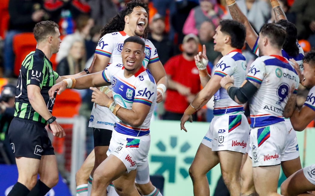 The Warriors celebrate after Leka Halasima scores. Newcastle Knights v One NZ Warriors. .