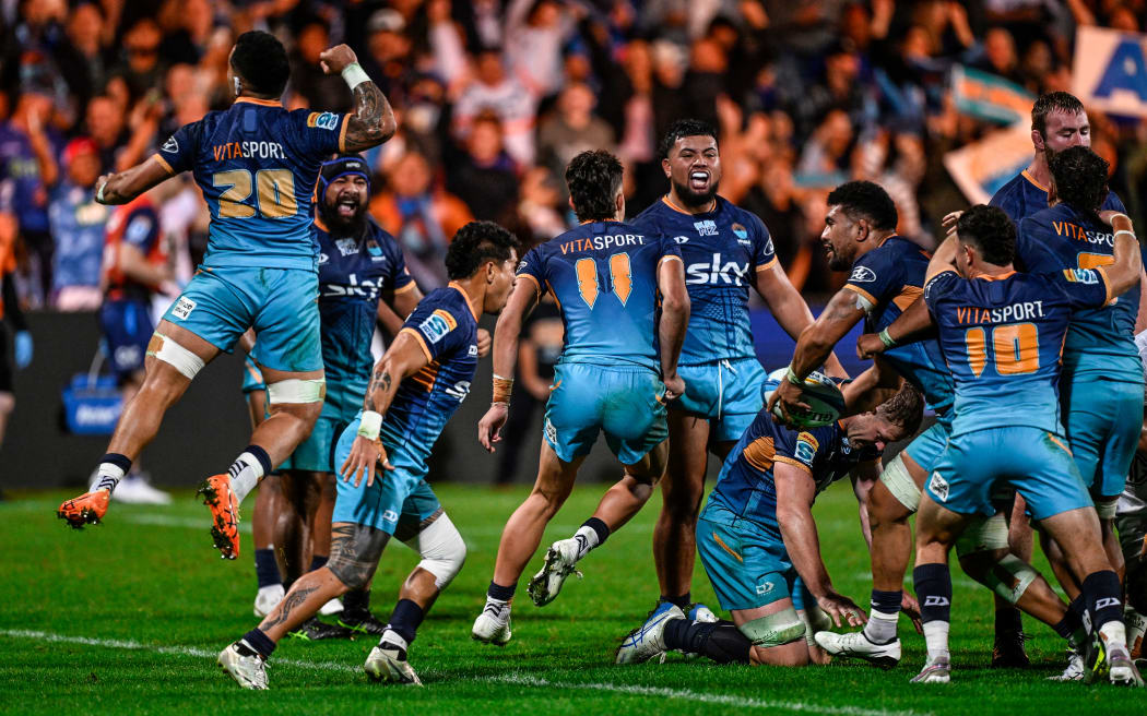 Moana Pasifika team celebrate their win over the Blues, Moana Pasifika v Blues, round 14 of the Super Rugby Pacific competition at North Harbour Stadium, Auckland, New Zealand on Saturday 17 May 2025. © Photo: Andrew Cornaga / Photosport