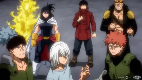 Crunchyroll 6 animated characters stood with a grey background. From left to right, the first has a black headband and grey spikey hair in a ponytail. Next a woman with a white cape, she has a navy blue catsuit on, she has dark hair tied up . Next a bot with short black hair with a red jack on and dark trousers. Next a man topless man with an open jacket on. He has yellow glasses. Next bottom right has a dark green vest and blue shirt, he has short spikey orange hair. Next he has shoulder length white hair. 