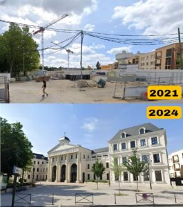 Clamart, France. Before (2021): The top image shows the construction site in 2021, with cranes and ongoing building work visible. After (2024): The bottom image displays the completed school complex in 2024, showcasing its classical architectural style.