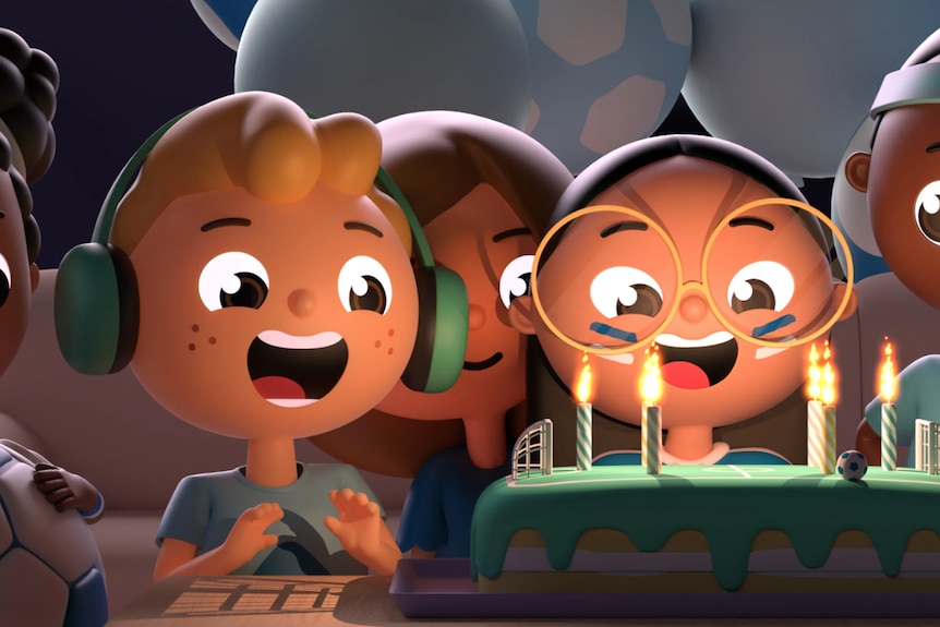 An animation of a group of joyful children in front of a birthday with lit candles. One child wears over-ear headphones