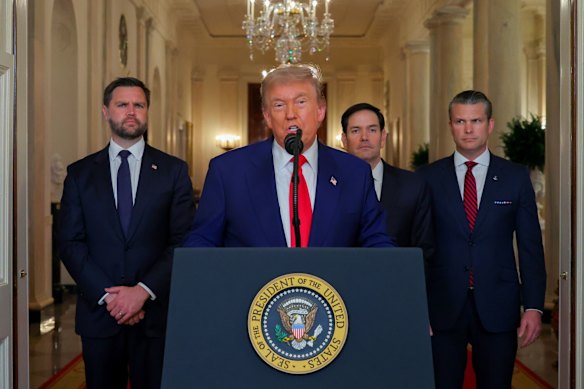 US President Donald Trump during an address to the nation explaining the strikes, with (from left) Vice President JD Vance, Secretary of Stare Marco Rubio and Defence Secretary Pete Hegseth.