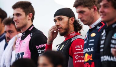 Lewis Hamilton, Max Verstappen, Jack Doohan and Kimi Antonelli line up before the Bahrain Grand Prix