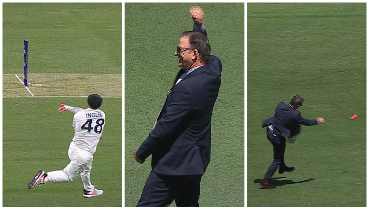 Mark Waugh imitates Josh Inglis' run-out.
