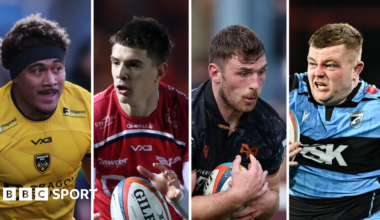 Dragons' Fine Inisi, Scarlets' Joe Hawkins, Ospreys' James Ratti and Cardiff's Danny Southworth in separate match action poses, all looking focused