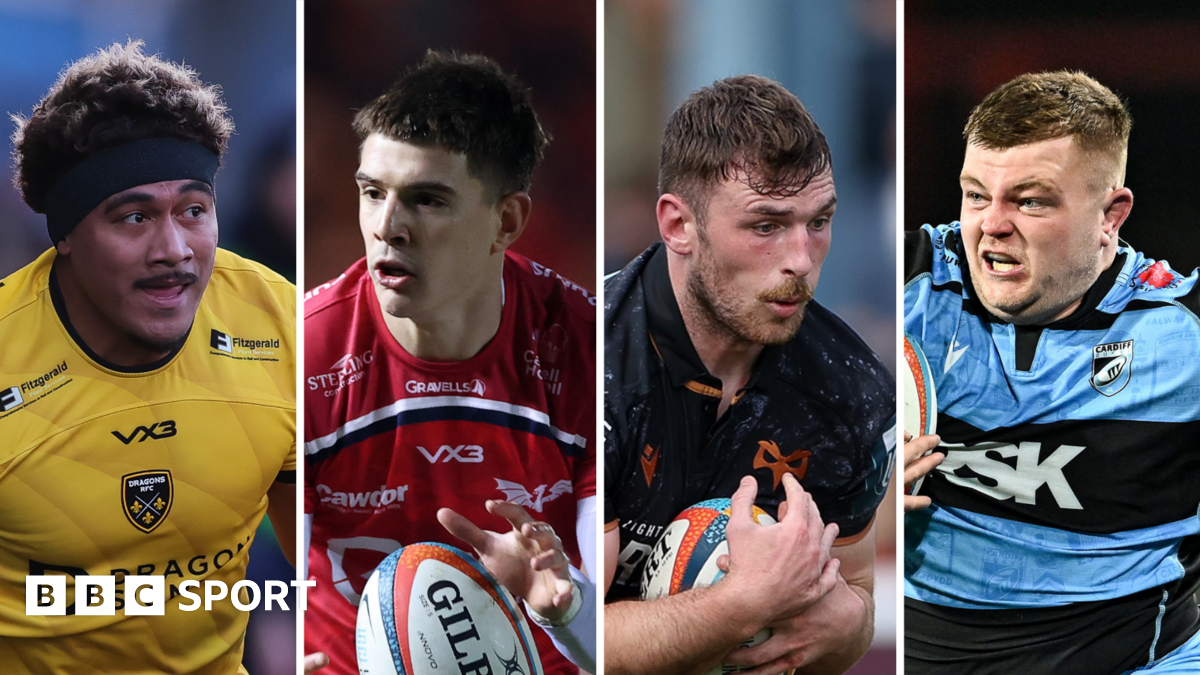 Dragons' Fine Inisi, Scarlets' Joe Hawkins, Ospreys' James Ratti and Cardiff's Danny Southworth in separate match action poses, all looking focused