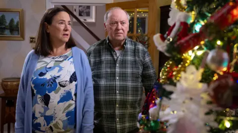 BBC Studios Scotland / Graeme Hunter A still from the TV show of Beth (Arabella Weir), and Eric (Alex Norton), looking at their Christmas tree in their lounge with concerned looks on their faces. Beth is in a bpale blue cardigan and floral top and Eris is in a green checked shirt. 