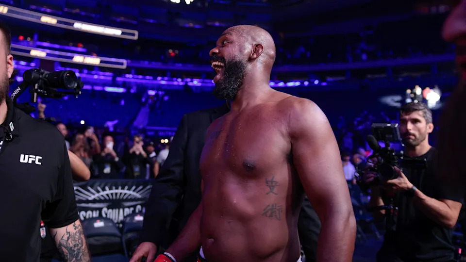 US MMA fighter Jon Jones reacts after his TKO victory against US MMA fighter Stipe Miocic in their heavyweight title bout during UFC 309 at Madison Square Garden in New York, November 16, 2024. (Photo by Kena Betancur / AFP) (Photo by KENA BETANCUR/AFP via Getty Images)