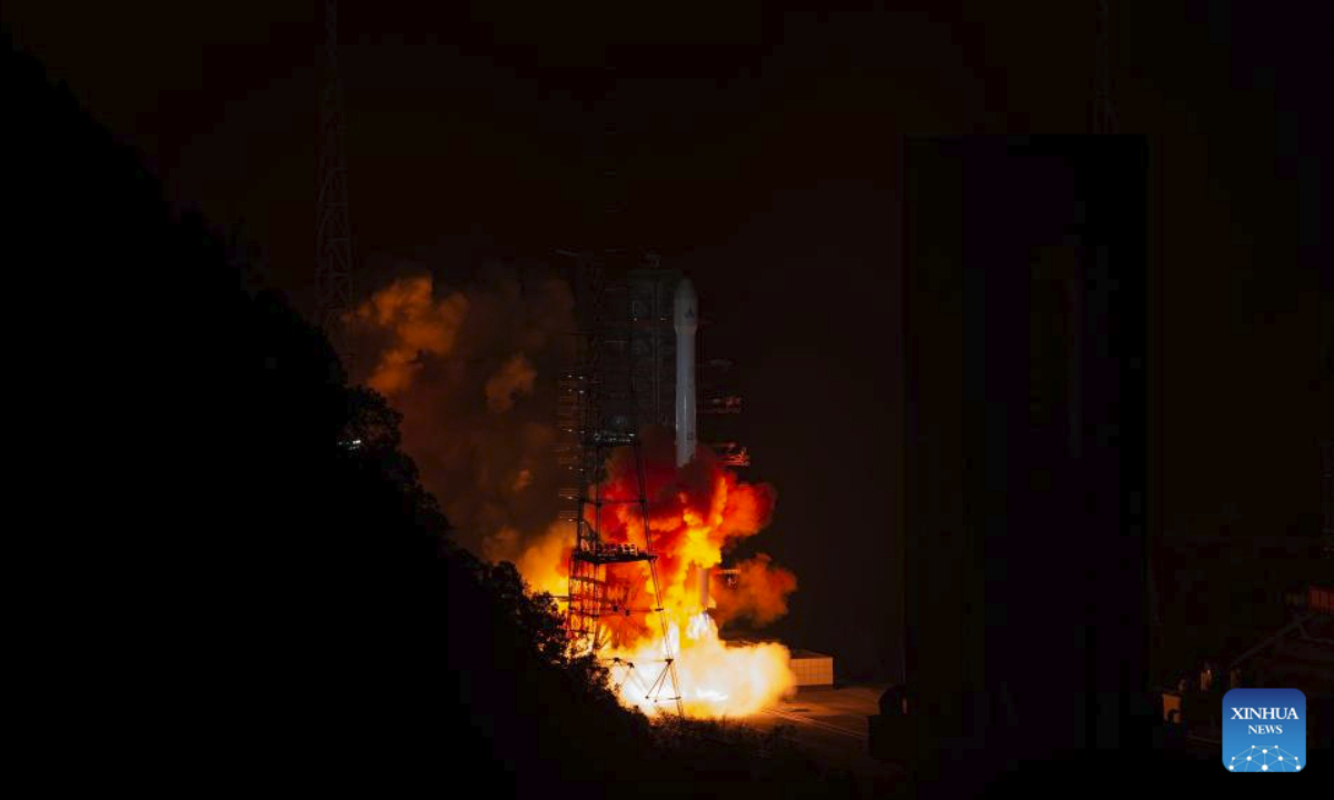 A Long March-3B rocket carrying the Fengyun-4 03 satellite blasts off from the Xichang Satellite Launch Center in southwest China