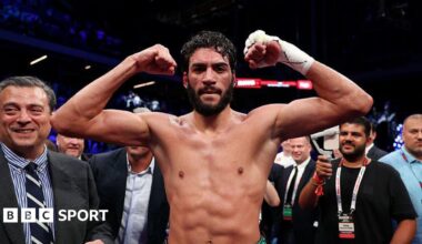 Hamzah Sheeraz celebrates after beating Edgar Berlanga in July