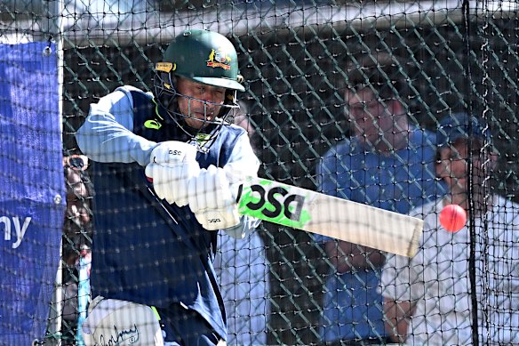 Usman Khawaja in action in the nets.