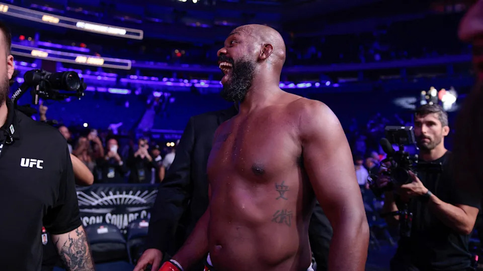 US MMA fighter Jon Jones reacts after his TKO victory against US MMA fighter Stipe Miocic in their heavyweight title bout during UFC 309 at Madison Square Garden in New York, November 16, 2024. (Photo by Kena Betancur / AFP) (Photo by KENA BETANCUR/AFP via Getty Images)