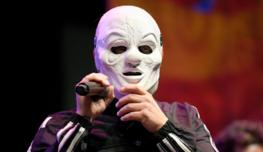 Shawn Clown Crahan of Slipknot wearing a white mask in 2023
