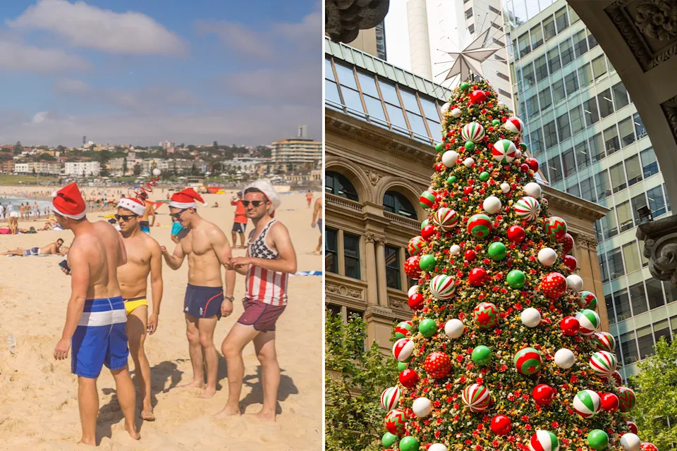 Left: Men don Santa hats at Bondi Beach. Right: A large public Christmas trees. 