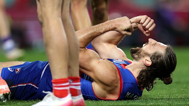 Marcus Bontempelli celebrates a goal.