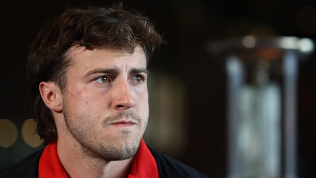 MELBOURNE, AUSTRALIA - APRIL 19: Essendon Vice-Captain Andrew McGrath speaks to the media during an AFL ANZAC Day Match Media Opportunity at Melbourne Cricket Ground on April 19, 2023 in Melbourne, Australia. (Photo by Robert Cianflone/Getty Images)
