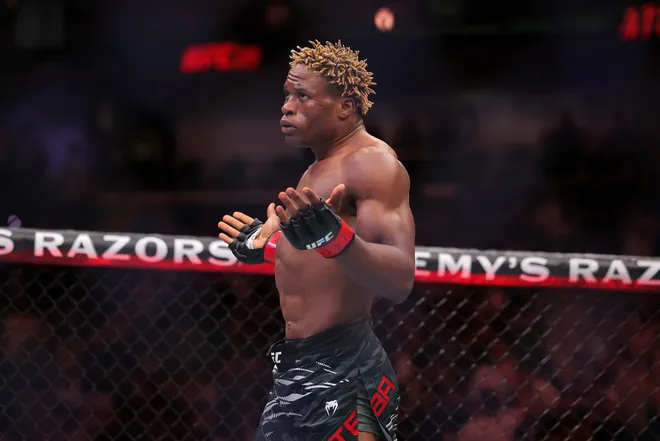 NEW ORLEANS, LOUISIANA - JULY 19: Ateba Gautier of Cameroon celebrates after defeating Robert Valentin of Switzerland by technical knockout during their middleweight bout during UFC 318: Holloway vs Poirier 3 at the Smoothie King Center on July 19, 2025 in New Orleans, Louisiana. (Photo by Jonathan Bachman/Getty Images)