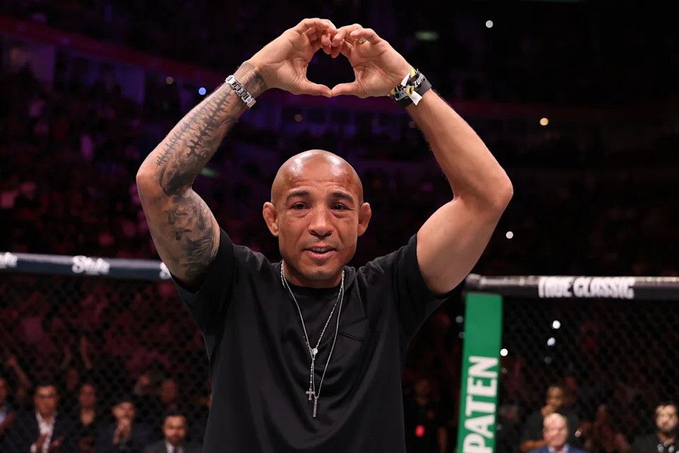 RIO DE JANEIRO, BRAZIL - OCTOBER 11: Jose Aldo announces his retirement by placing a pair of gloves in the center of the Octagon in front of his hometown fans during the UFC Fight Night event at Farmasi Arena on October 11, 2025 in Rio de Janeiro, Brazil.  (Photo by Ed Mulholland/Zuffa LLC)