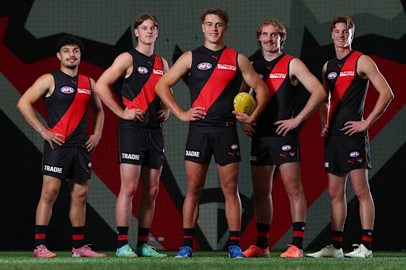 The Bombers’ 2025 draftees: Hussien El Achkar, Jacob Farrow, Sullivan Robey, Dyson Sharp and Max Kondogiannis.