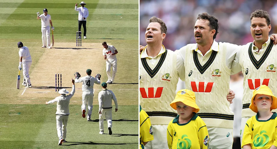 Australian players before and during the fourth Ashes Test at the MCG.