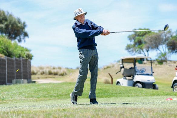 In the swing: Bill Horn in action at Portsea Golf Club.