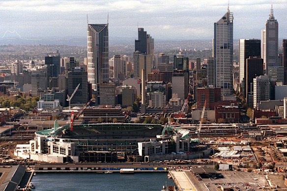 The construction of Docklands Stadium - originally slated to be a residential and office precinct.