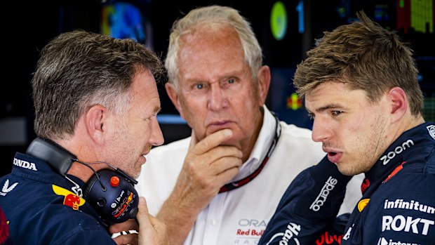 Left to right: Christian Horner, Helmut Marko and Max Verstappen.