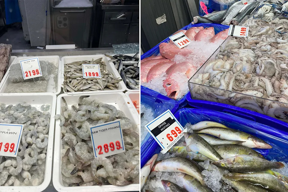 Prawns, fish and octopus on beds of ice at fish markets. 