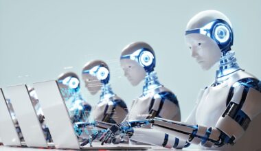 Digital generated image of multiple robots working on laptops.