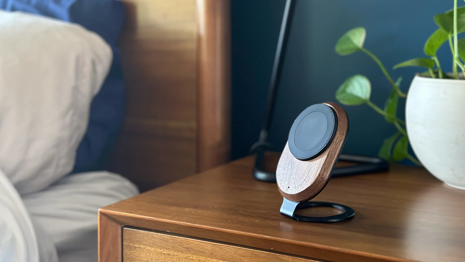 ARK Uno Solid Wood Wireless Charger on night stand ARK Uno Solid Wood Wireless Charger on night stand