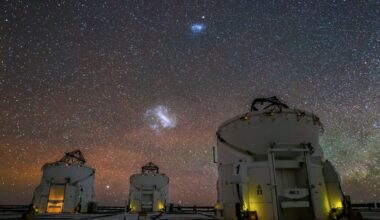 The Large and Small Magellanic clouds in the night sky over the Very Large Telescope's auxiliary telescopes in Paranal, Chile. A new research group focused on the clouds will begin operations at the Leibniz Institute for Astrophysics Potsdam (AIP) in 2026. It will focus on the satellite galaxies' formation and evolution. Image Credit: J. C. Muñoz/European Southern Observatory