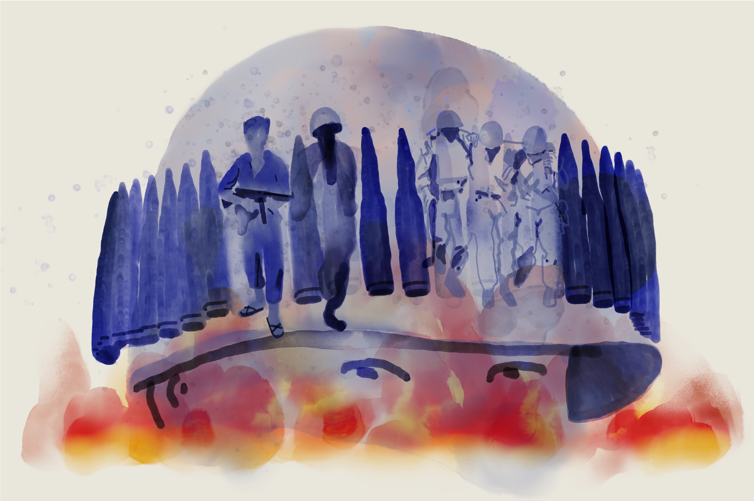 An illustration of a ghostly soldier, his helmet ringed by bullets. Some of the bullets have been replaced with other soldiers.