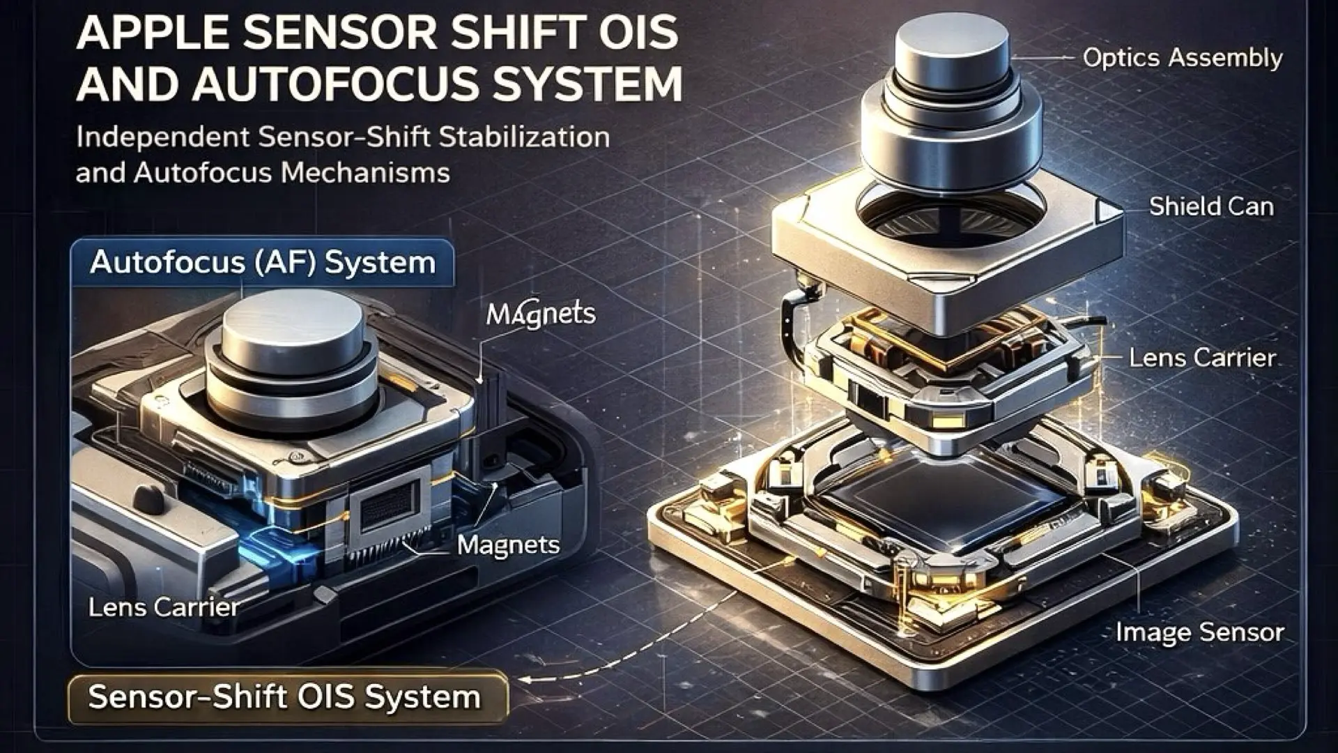 Apple patent: "Flexure Module Component Configurations For Camera With Moveable Image Sensor". A rendered mockup