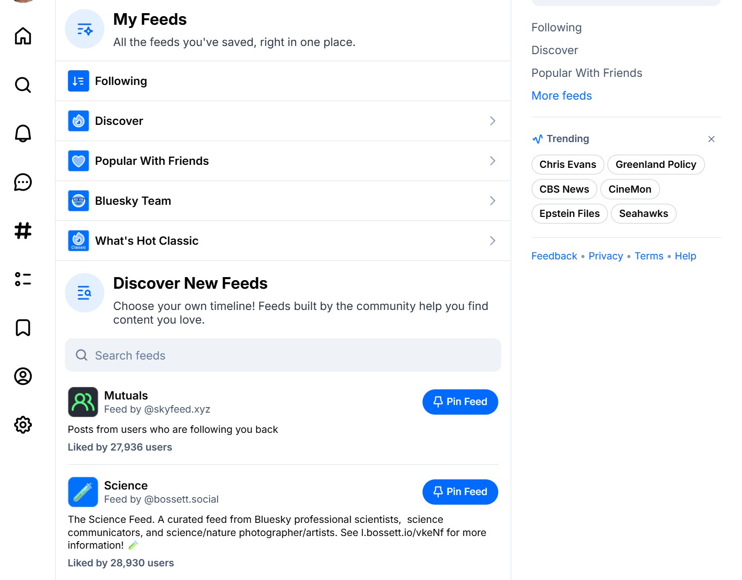 A screenshot of the Bluesky feeds tab.
