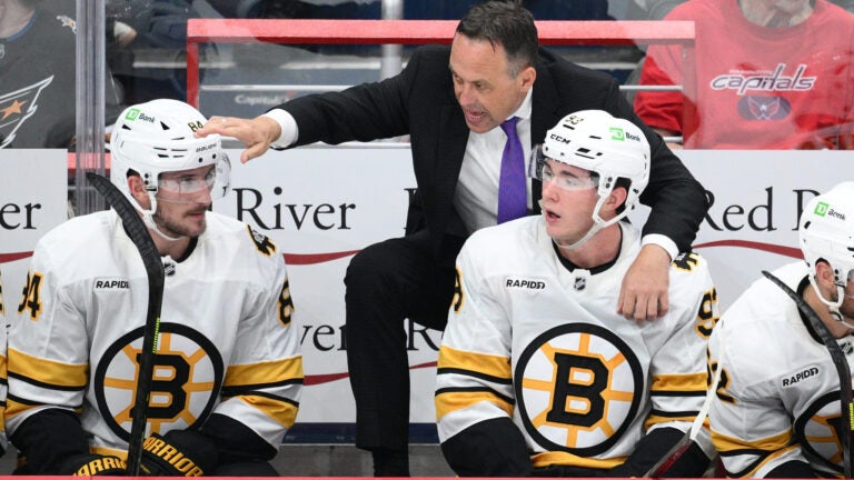 Boston Bruins head coach Marco Sturm in action during the third period of an NHL hockey game against the Washington Capitals, Wednesday, Oct. 8, 2025, in Washington.