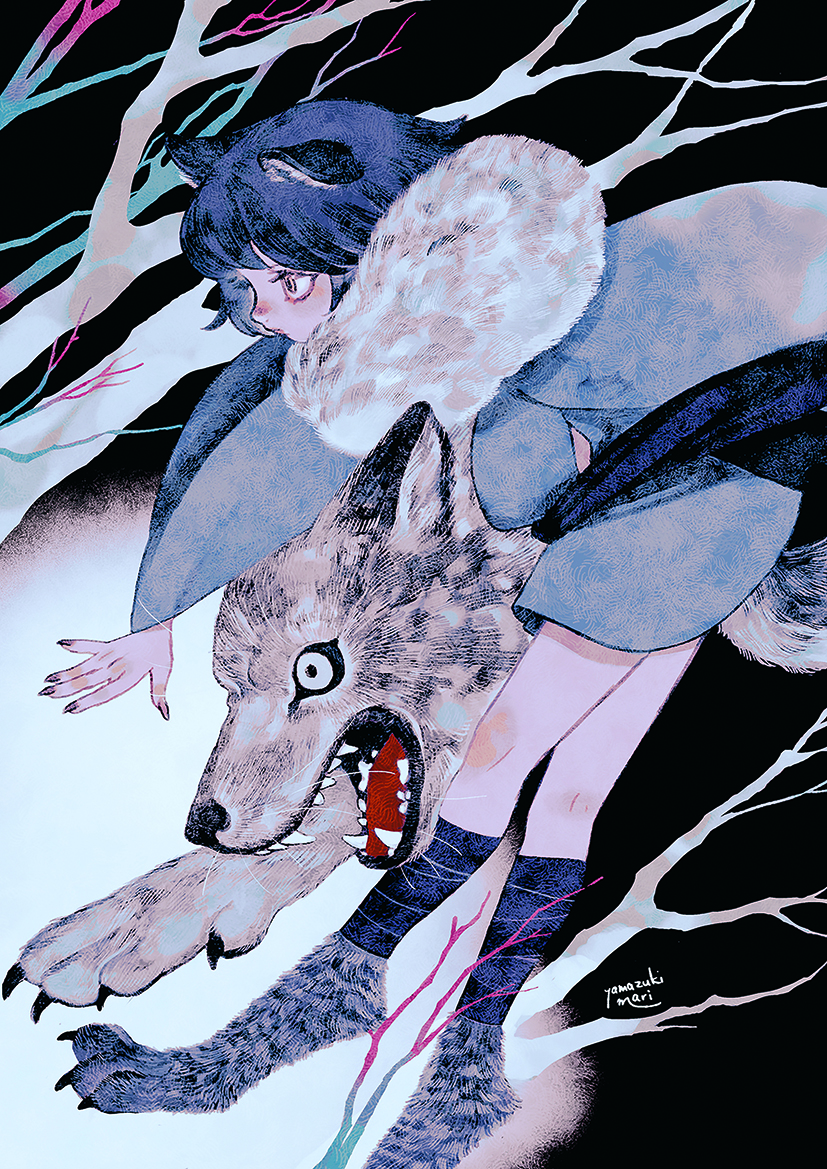 Dark digital art with folk influences showing a female character and a wolf
