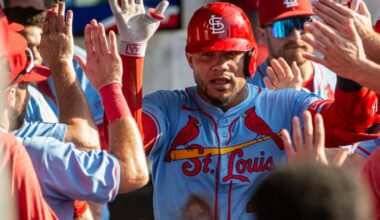 St. Louis Cardinals' Willson Contreras is congratulated by his teammates after hitting a solo home run off Cleveland Guardians relief pitcher Kolby Allard during the ninth inning of a baseball game, Saturday, June 28, 2025, in Cleveland.