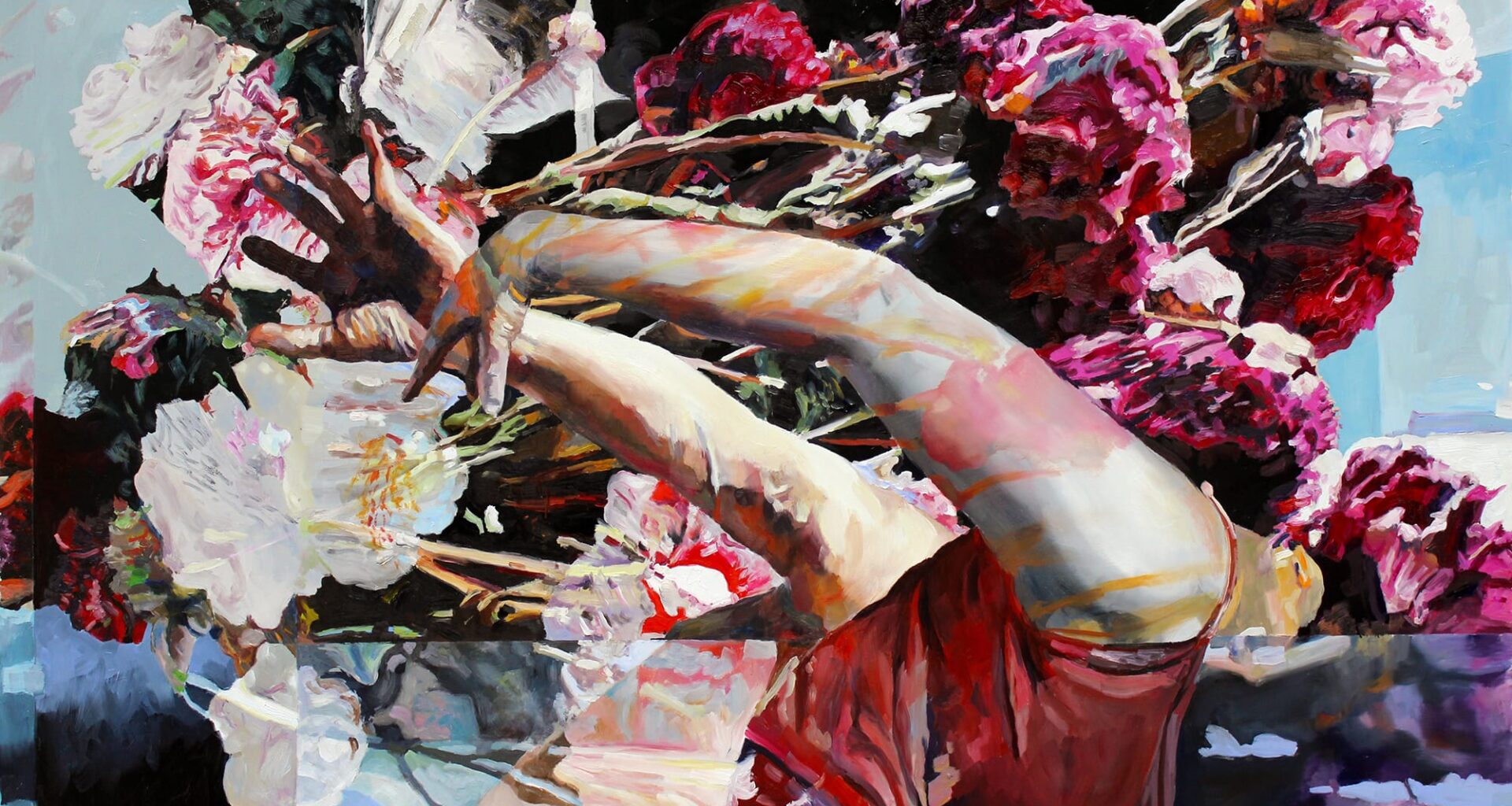 Abstract painting of flowers with arms stretched out towards the top left corner of the composition.